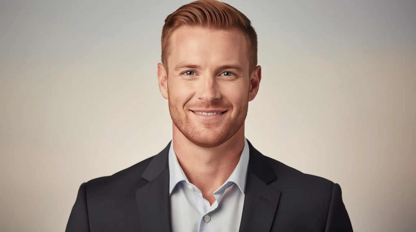 A professional headshot of an attractive male real estate agent in his early-to-mid 30s, featuring brownish-red short hair and light scruff, dressed in a dark tailored suit and crisp shirt. He has an approachable expression, with soft studio lighting illuminating him against a neutral blurred background, reflecting a commitment to community development in Connecticut.