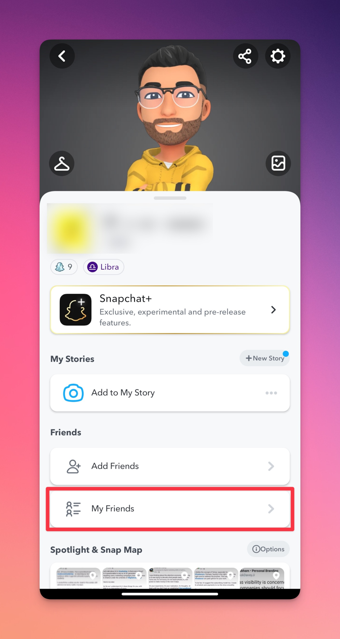 Remote.tools highlighting My Friends option under snapchat profile to remove friend (in order to hide your snap score from them)