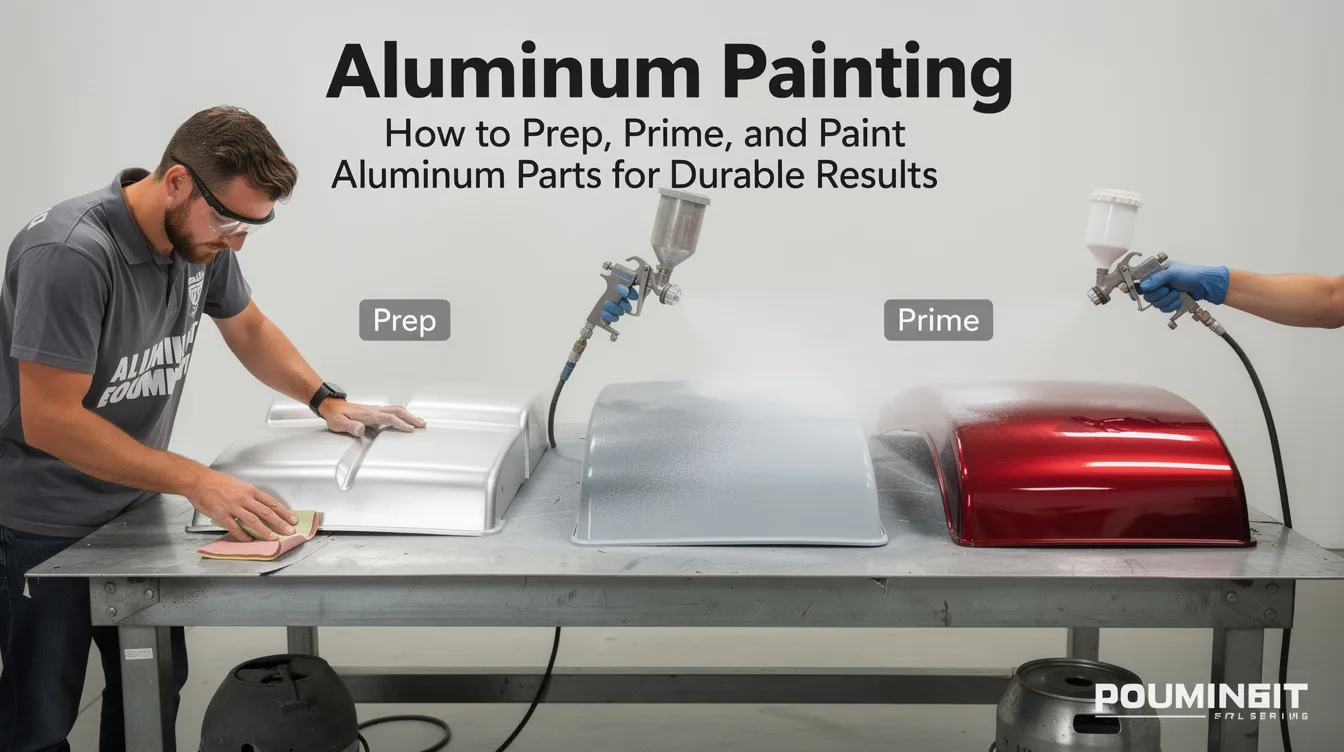 The image depicts the process of painting aluminum parts, showcasing various stages of surface prep, including cleaning with solvents and applying a self-etching primer for better adhesion. It highlights tools and materials like sandpaper, spray paint, and oil primer, emphasizing the importance of preparing the aluminum surface for durable and high-quality results.