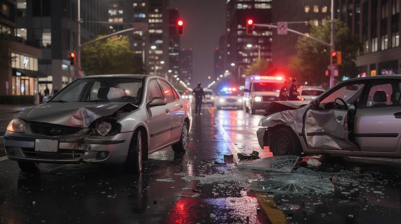 The image depicts two damaged vehicles at an urban intersection, with emergency lights flashing in the background, indicating a recent accident. This scene highlights the importance of personal insurance and safe driving practices, relevant for anyone considering renting a car through services like Turo or traditional rental companies.