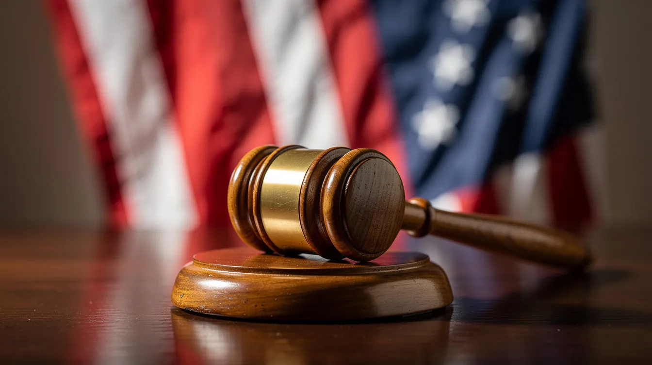 The image depicts a wooden gavel resting on a polished desk, with an American flag softly visible in the background, symbolizing the legal framework surrounding issues like industrial hemp and cannabis in South Dakota. This scene reflects the legislative discussions that influence state law regarding cannabinoids and medical cannabis.