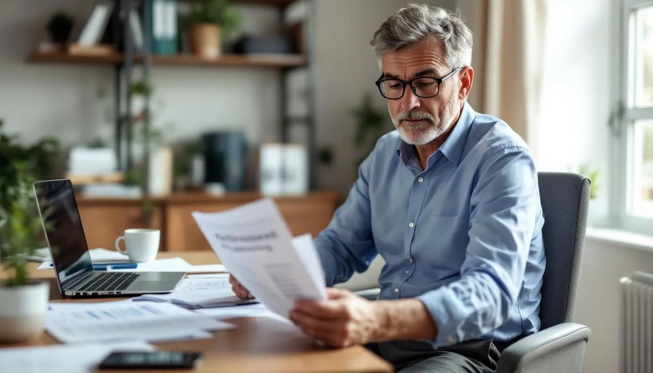 A small business owner is seated at a desk, carefully reviewing various retirement planning documents, including defined benefit plans and 401(k) options, to ensure optimal retirement benefits for themselves and their employees. The scene emphasizes the importance of financial planning and the various retirement plans available to small business owners.