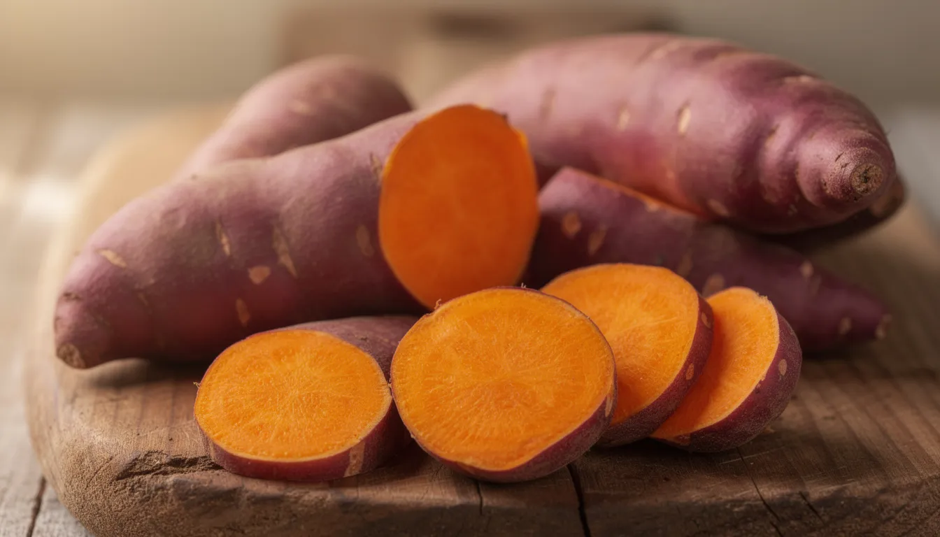 A close-up image features vibrant purple and orange sweet potatoes artfully arranged on a wooden cutting board, highlighting these nutrient-dense foods that are staples in the traditional Okinawan diet. This colorful display emphasizes the importance of plant-based foods in promoting overall health and longevity.