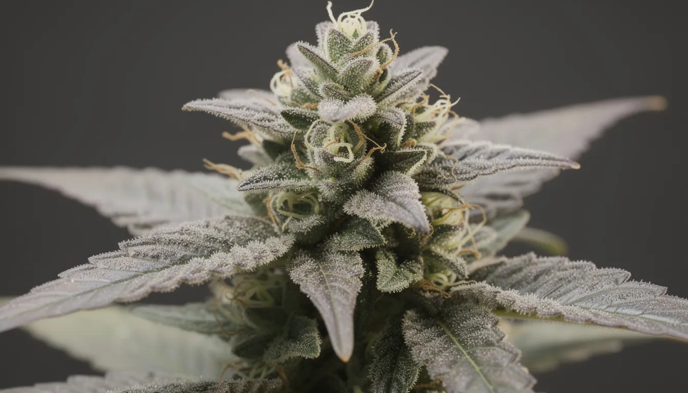 Eine Nahaufnahme einer hochwertigen Hanfblüte zeigt die prächtigen Trichome und die grün-lilafarbenen Nuancen, die für die Qualität der Cannabis Kultur stehen. Diese Detailaufnahme vermittelt das Gefühl von Frische und Reinheit, ideal für Kunden, die an einem einzigartigen Einkaufserlebnis interessiert sind.