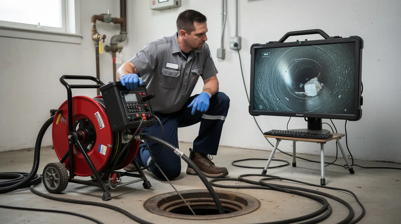A professional plumber is conducting a sewer camera inspection, with a monitor screen displaying the interior of a pipe, showcasing potential plumbing issues. This emergency plumbing service is essential for identifying problems like sewer backups and ensuring effective drain cleaning for Seattle homeowners.