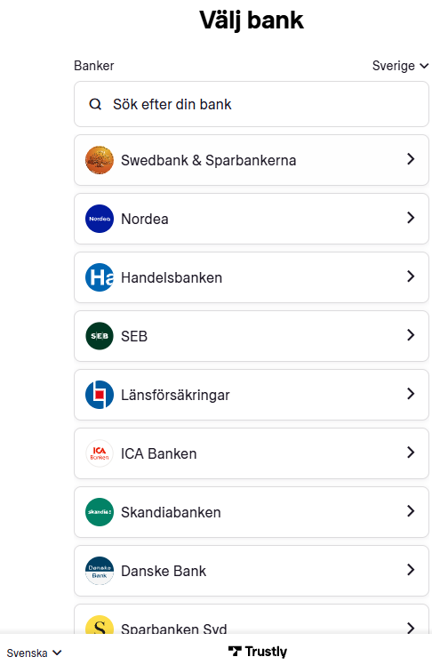 Val av svensk bank via Trustly hos Lord Ping.