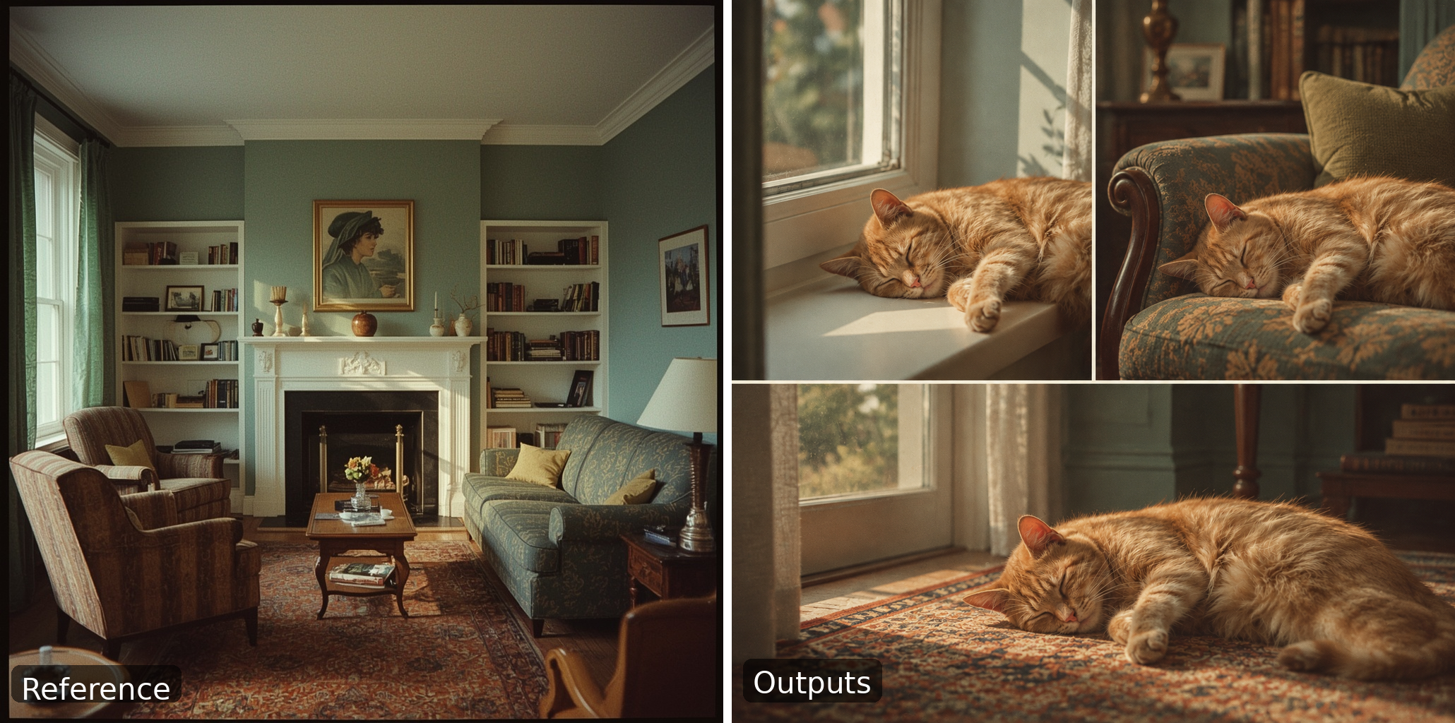 Reference photo on the left, three matched outputs on the right