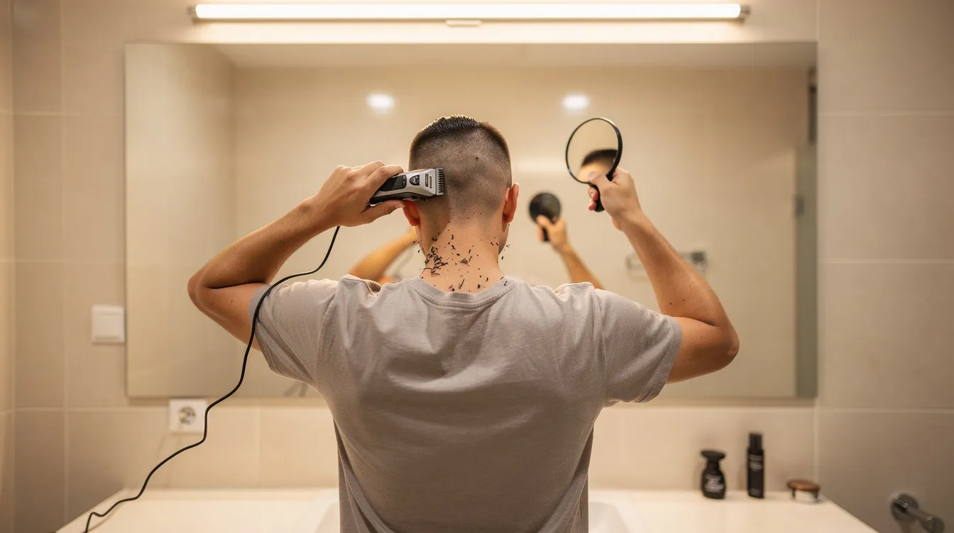 A person is standing in a well-lit bathroom, using a handheld mirror to trim the back of their head with cordless hair clippers. The scene captures the individual focused on achieving a precise haircut, showcasing the convenience of cordless operation for home haircuts.