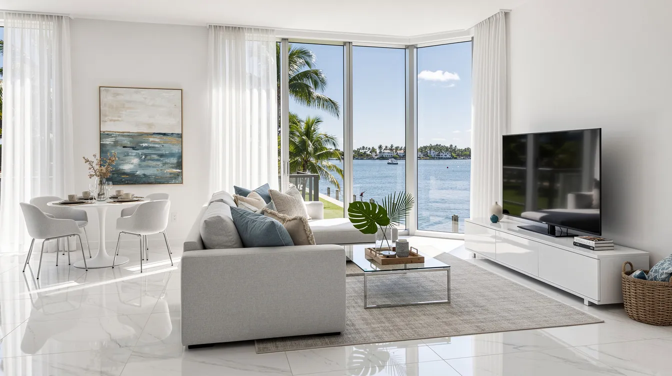 The image depicts a bright, modern staged living room in a Florida condo, featuring large windows that offer a stunning waterfront view. This inviting space showcases effective real estate marketing strategies, appealing to potential buyers with its stylish decor and abundant natural light.