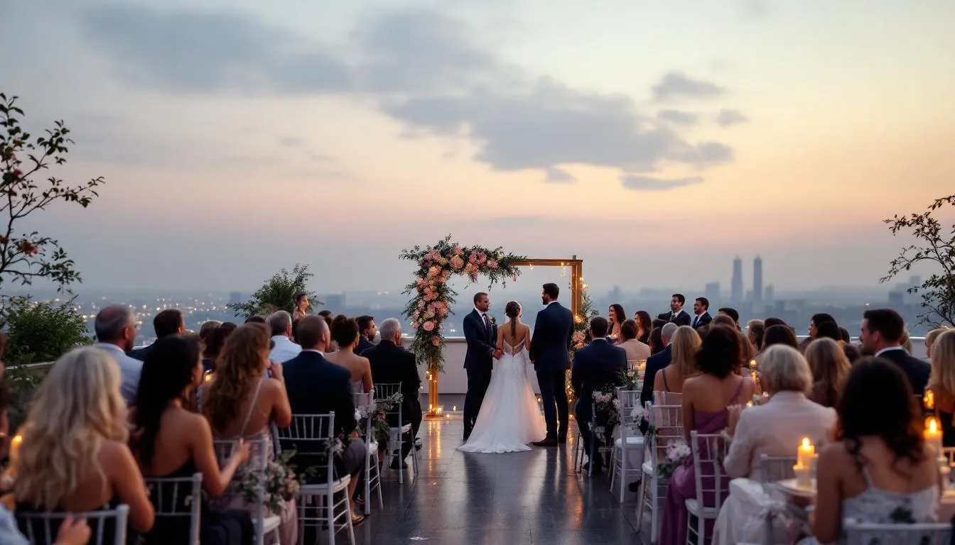 Die elegante Hochzeitsfeier findet auf einer Dachterrasse statt und bietet einen atemberaubenden Blick auf die Skyline von Frankfurt am Main. Die festlich dekorierte Location schafft eine romantische Atmosphäre für das Brautpaar und die Gäste, die diesen besonderen Tag gemeinsam feiern.