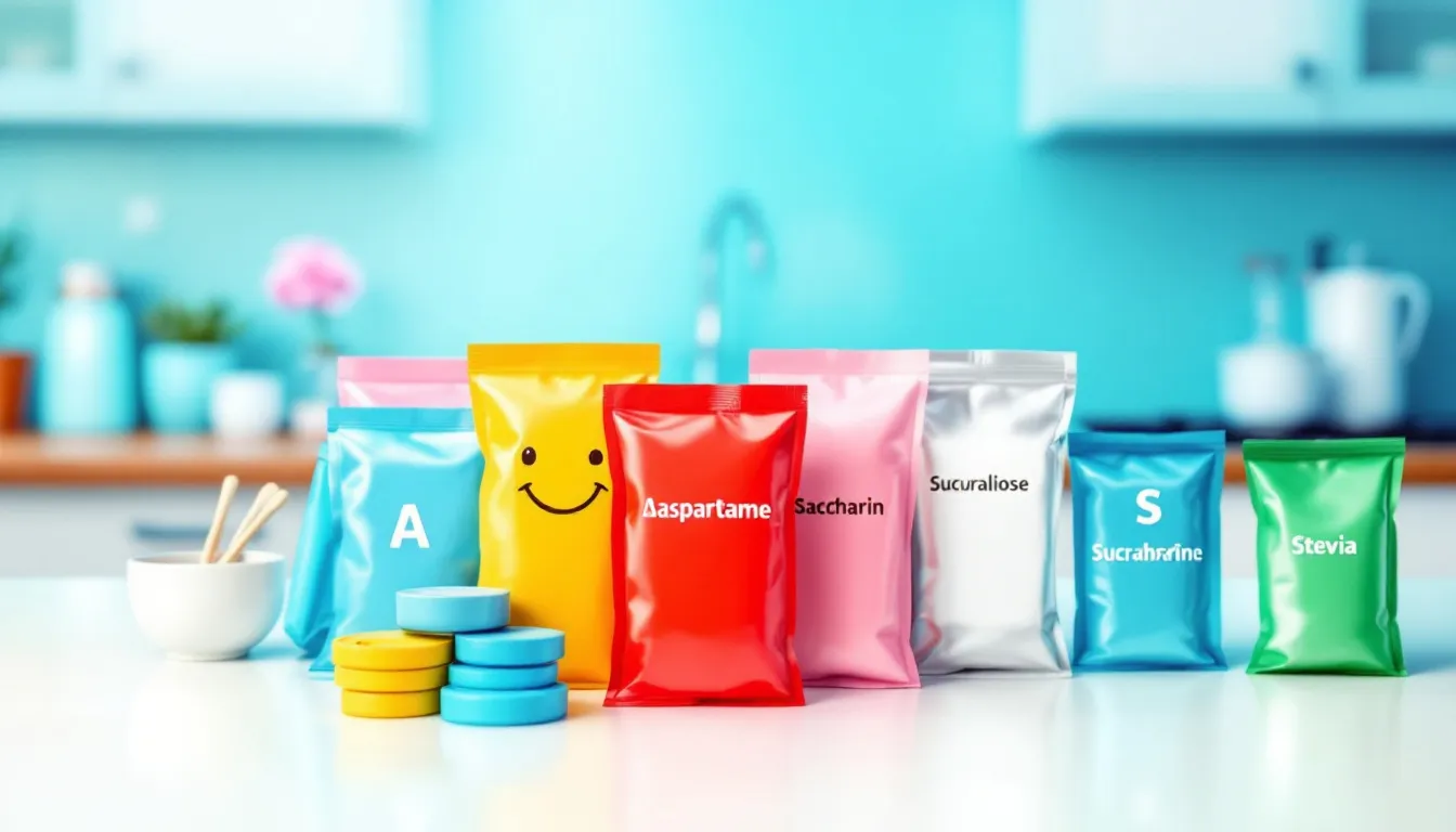 A selection of artificial sweeteners displayed on a kitchen countertop.