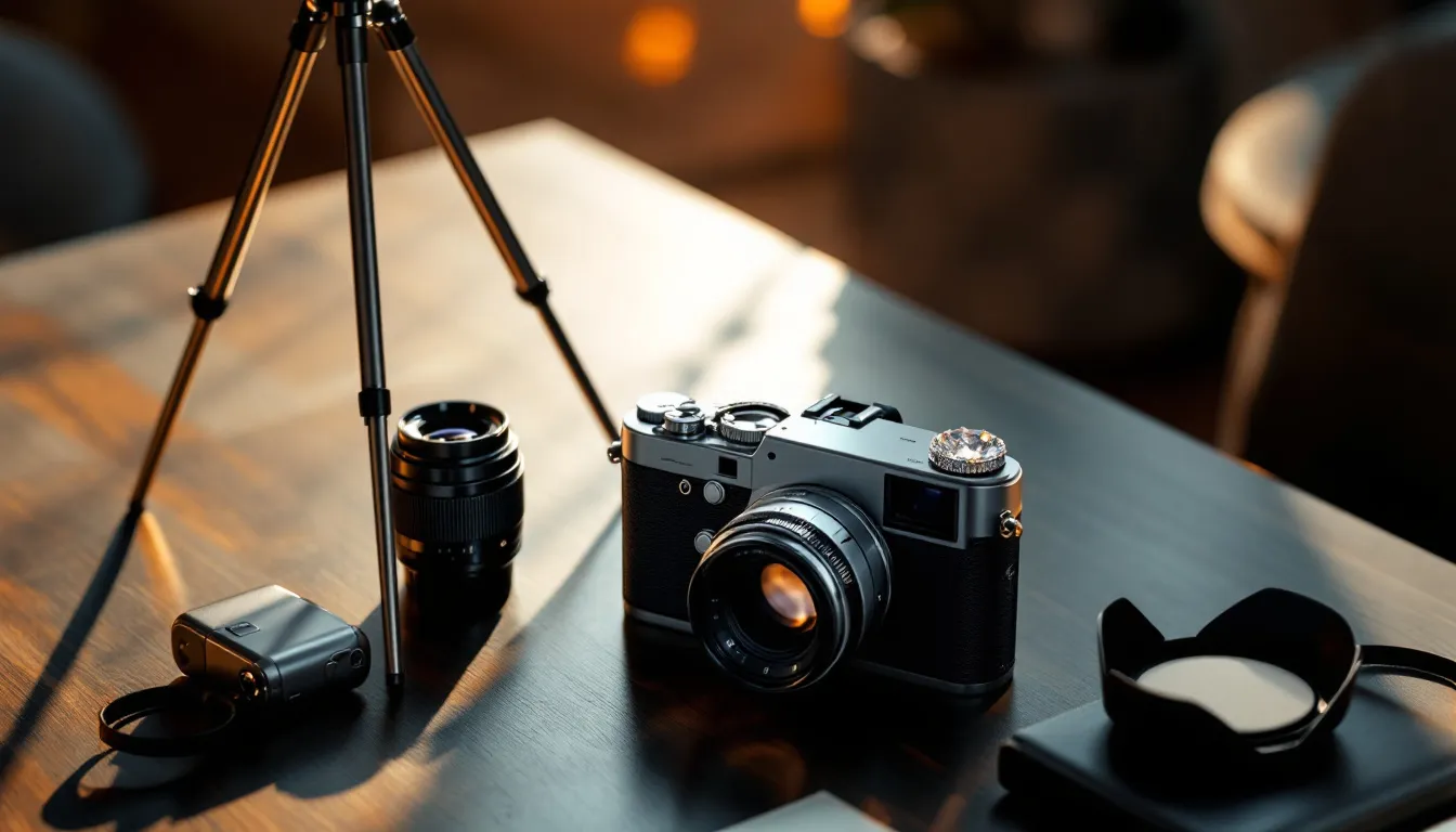 Essential photography equipment displayed on a table.