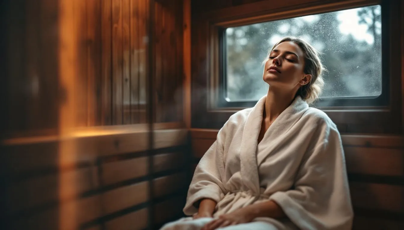The image depicts a serene setting where individuals are enjoying their infrared sauna session, highlighting the therapeutic benefits of full spectrum infrared saunas. The warm glow of infrared light envelops them, promoting muscle recovery, improved circulation, and stress relief, unlike traditional saunas that rely on higher air temperatures.