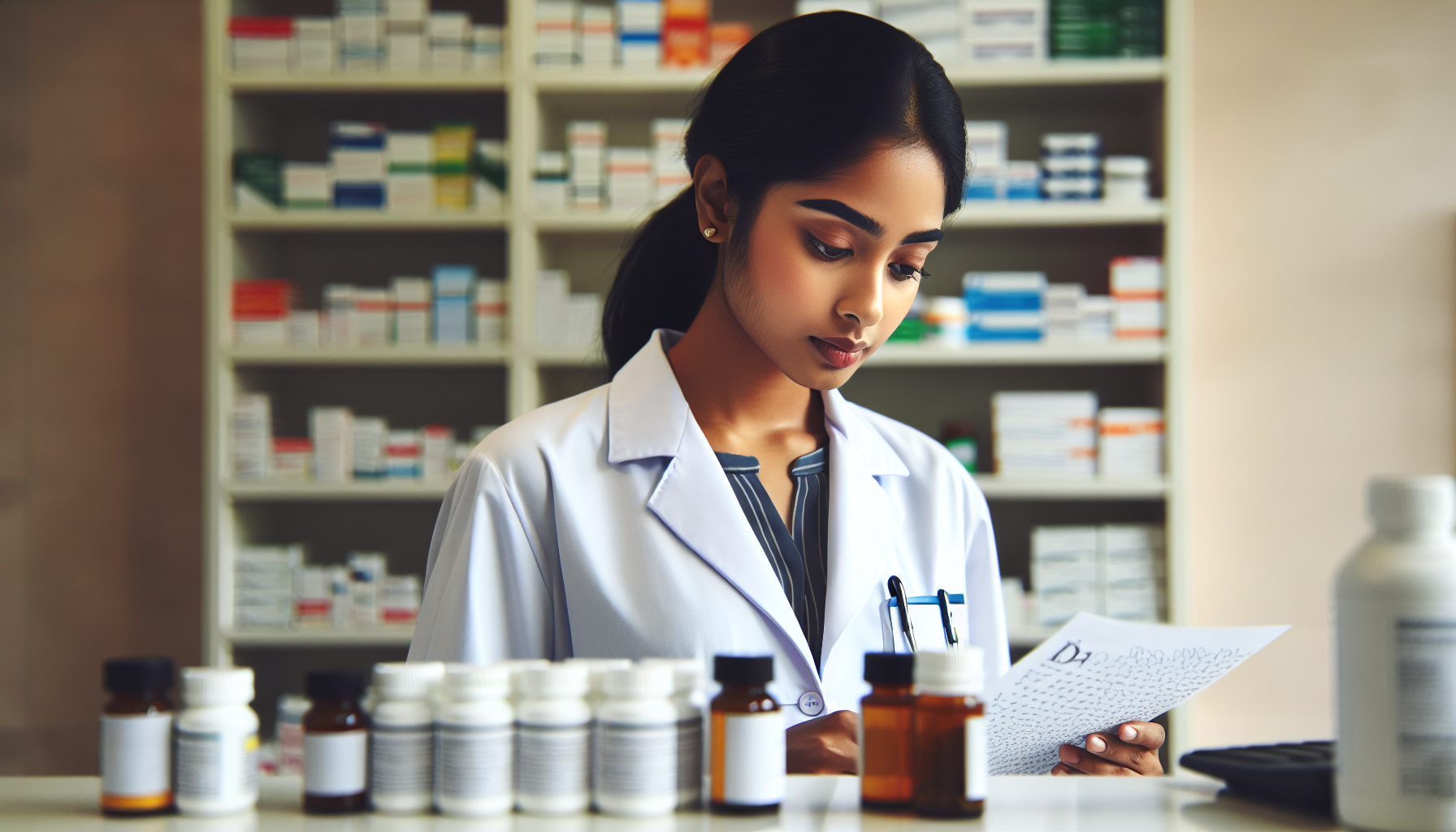 Pharmacist checking prescription for controlled drug