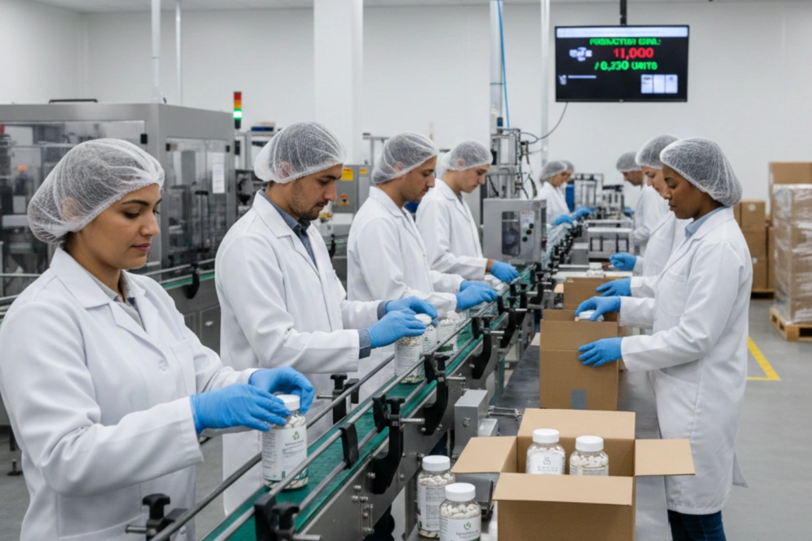 Workers in a manufacturing facility, wearing lab coats and hairnets, are assembling bottles on a conveyor belt. It shows how a normal supplement packaging goes. A digital display shows production goals.