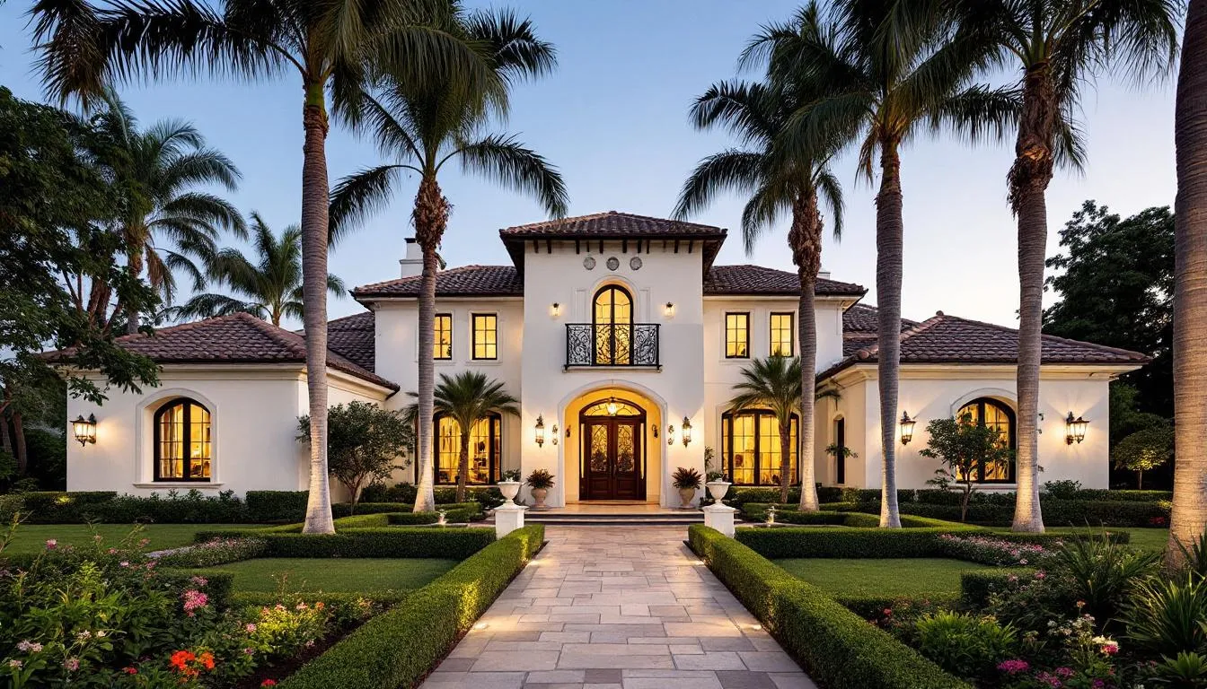 The image depicts an elegant Mediterranean-style estate home surrounded by lush greenery and palm trees, showcasing manicured landscaping that enhances the charm of this hidden gem in Briarcliff, a neighborhood in Fort Myers, FL. The well-maintained home reflects a peaceful lifestyle, offering a sense of community among its residents.