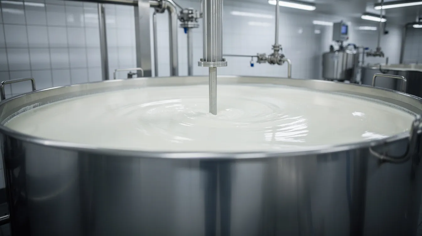 b1189083 158b 40d0 812b 315b69dc3402 The image shows a stainless steel cheese vat filled with white milk that is being gently stirred, a crucial step in the cheese making process where the milk composition is prepared for curdling. This process is essential for forming cheese curds, which will later be transformed into various types of cheese, including cream cheese and cheddar cheese.