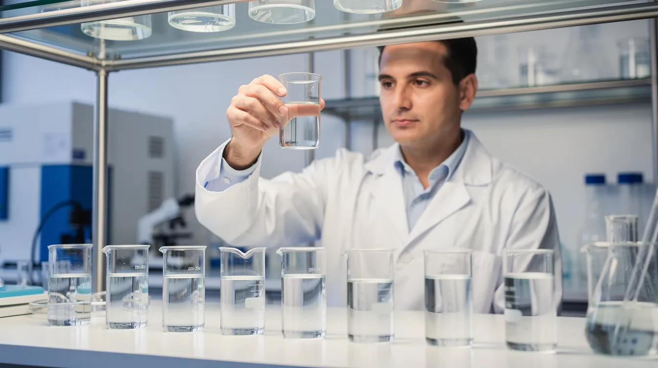 An entrepreneur in a white lab coat is examining water samples in clear glass beakers within a laboratory setting, focusing on water quality and treatment for the bottled water industry. This scene highlights the importance of market research and safety standards in developing sustainable water management practices for both urban and rural areas.