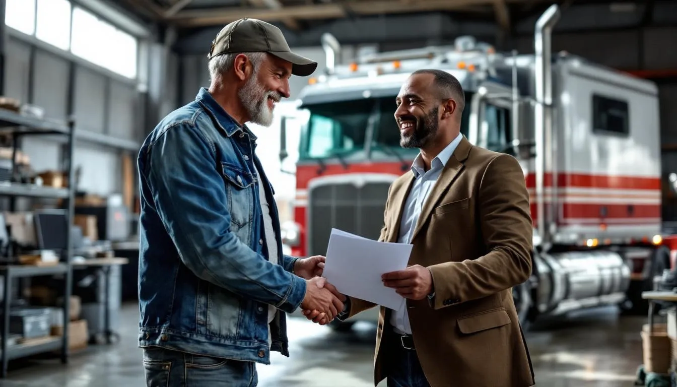 A commercial truck driver is seen finalizing a private party financing agreement for a semi-truck, aiming to grow their business. This significant investment involves discussing various commercial truck financing options, including down payments and monthly payments, to meet their business objectives in the trucking industry.