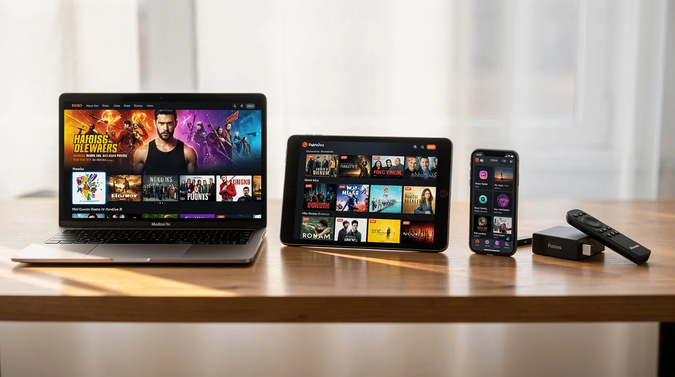 The image features a wooden desk displaying multiple streaming devices, including a tablet, smartphone, streaming stick, and laptop, each showcasing different content. This setup highlights the convenience of accessing various IPTV services and live TV channels across multiple devices for a reliable streaming experience.