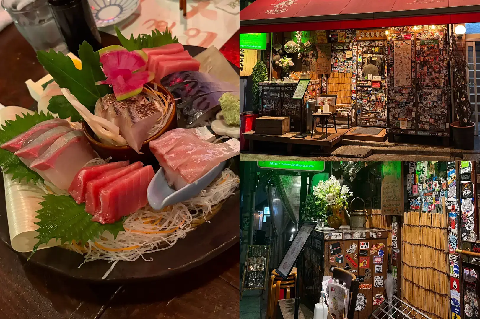 Kaikaya by the Sea shows a colorful sashimi platter and a sticker-covered restaurant entrance with a lively izakaya atmosphere.