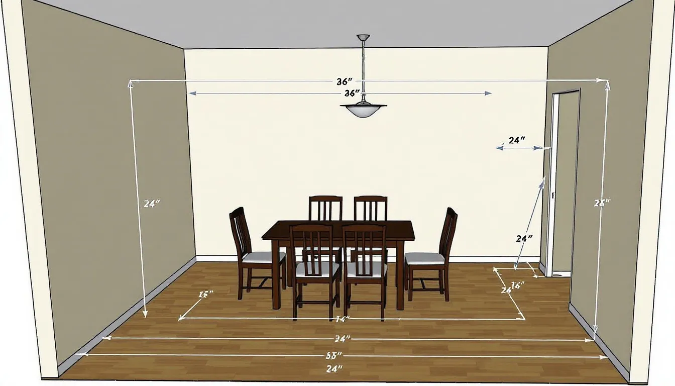 The image depicts a well-organized dining room layout featuring an 8-chair dining set, showcasing proper spacing measurements around a stylish dining table. The arrangement includes a variety of dining chairs, such as contemporary and upholstered options, ensuring a comfortable dining experience for guests.