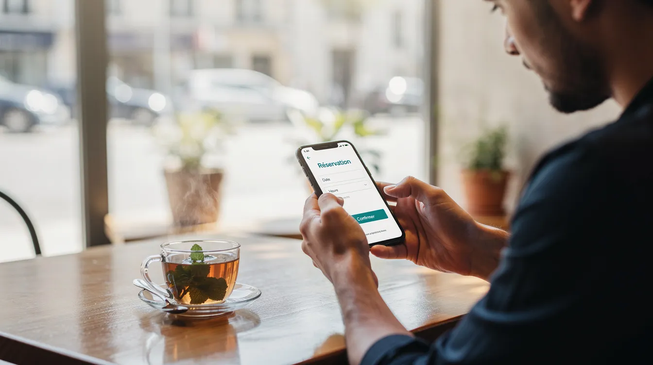 Une personne utilise son smartphone dans un café pour préparer une réservation.