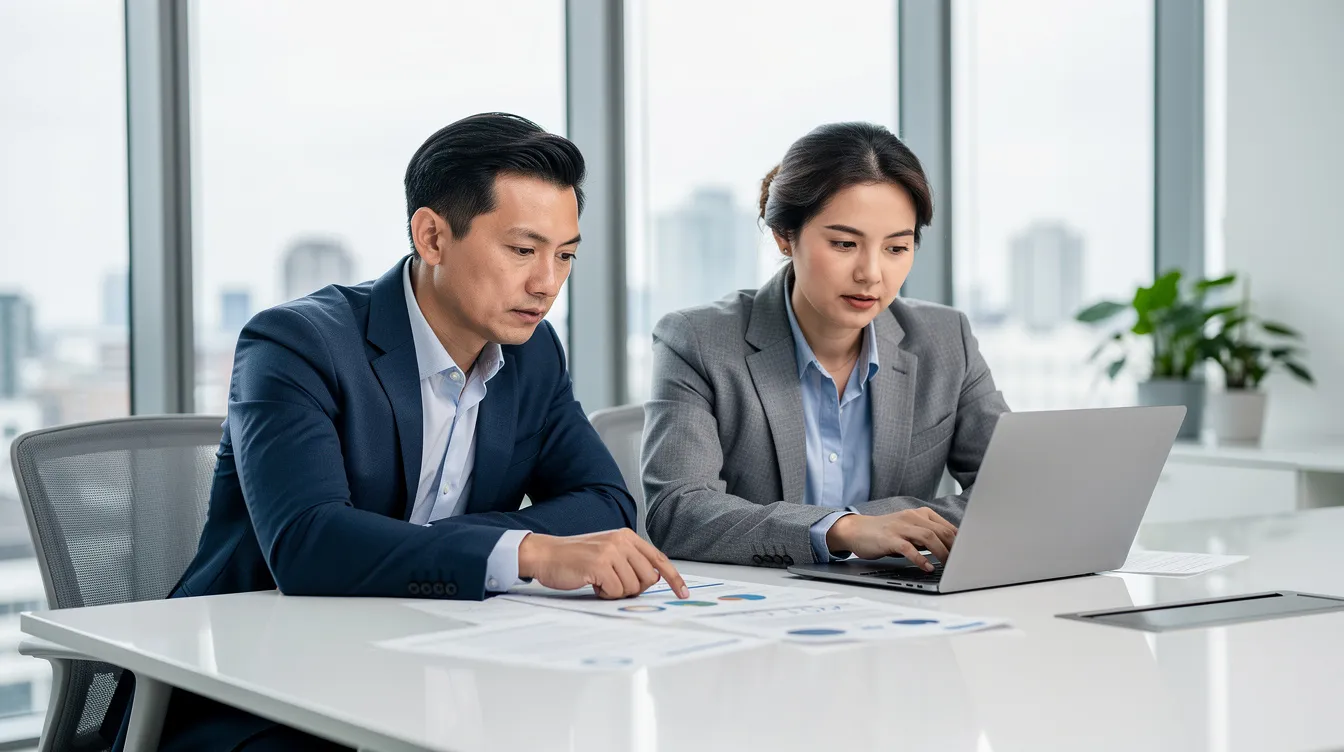 In a modern office setting, two professionals are engaged in a consultation, reviewing documents and discussing a laptop screen. They are likely focused on topics related to learning management systems, aiming to enhance business outcomes through effective LMS consulting services. In a modern office setting, two professionals are engaged in a consultation, reviewing documents and discussing a laptop screen. They are likely focused on topics related to learning management systems, aiming to enhance business outcomes through effective LMS consulting services.