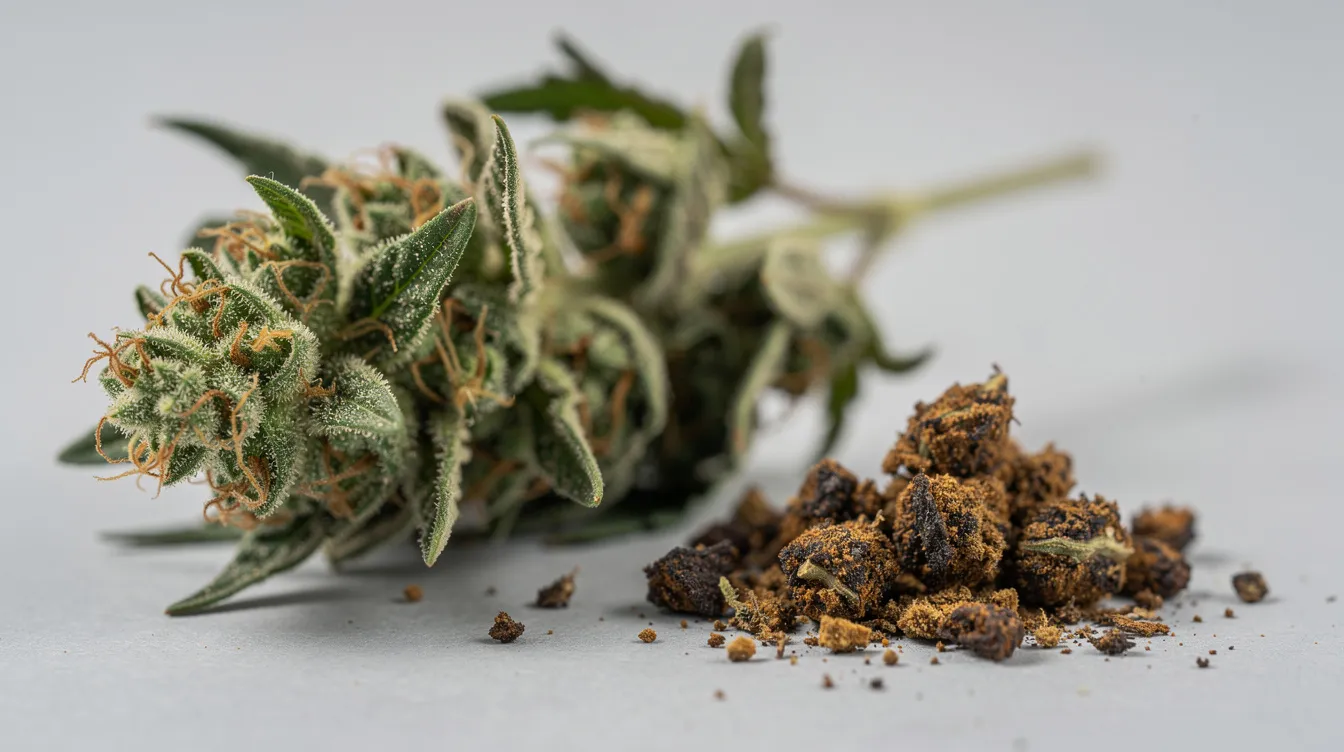 Die Nahaufnahme zeigt frische, grüne Cannabisblüten, die neben braunem, verdampftem Material liegen, das als AVB (Already Vaped Bud) bekannt ist. Diese Kombination verdeutlicht die verschiedenen Formen von Cannabis, die für Nutzer von Vaporizern und Edibles von Interesse sind.