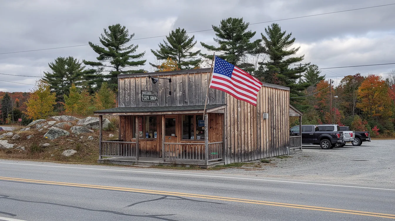 The image depicts the exterior of a rural Maine gun shop featuring a rustic wooden storefront and an American flag displayed prominently. This setting reflects the local culture surrounding firearm laws and gun safety, highlighting the shop's connection to Maine's regulations on concealed carry and gun ownership.