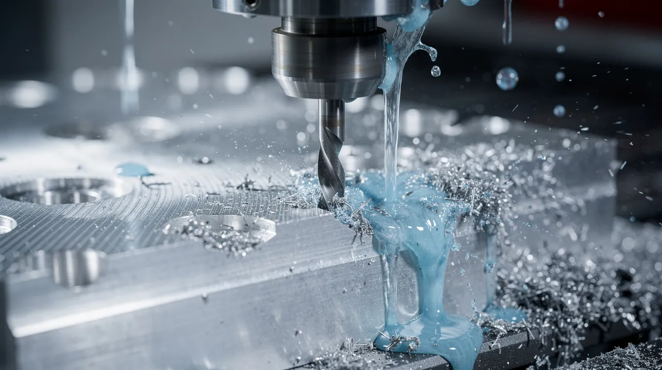 A close-up view of a CNC milling machine actively cutting an aluminum workpiece, with coolant flowing over the cutting tool to enhance performance and maintain efficiency. This image highlights the precision and capabilities of CNC machines in the manufacturing process.