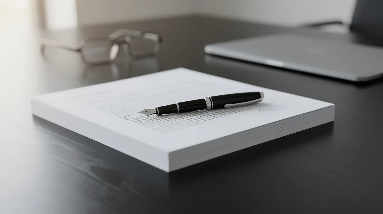 The image features a set of legal documents and a pen resting on a polished professional desk, symbolizing the legal process involved in family law matters such as divorce and child custody disputes. This setup reflects the expertise of a divorce attorney in Costa Mesa, ready to assist clients with their family law issues.