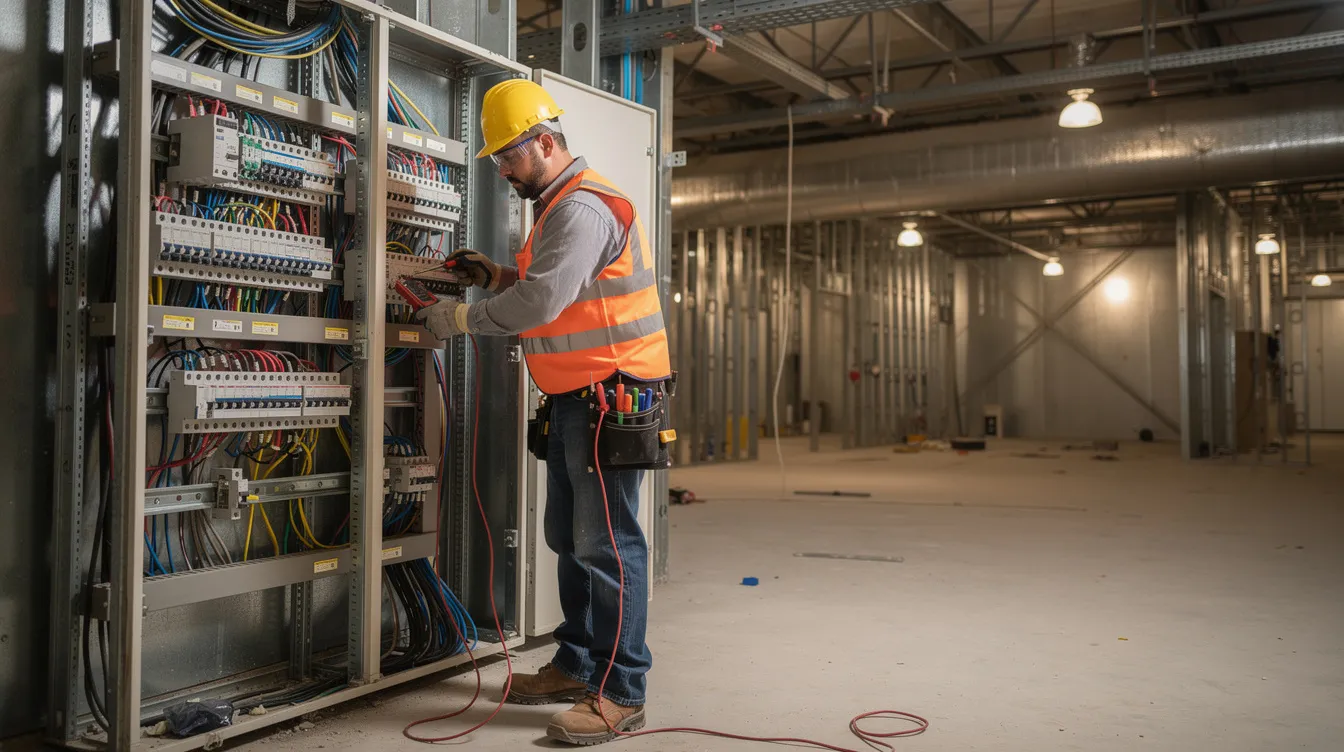 An electrician in safety gear is focused on complex wiring inside a commercial construction facility, showcasing the essential role of skilled workers in the construction industry. This scene highlights the importance of safety programs and the need for qualified workers in ongoing infrastructure projects.