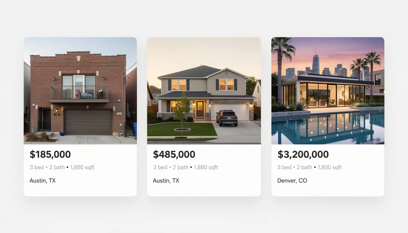 The image features a collection of real estate listings displayed at various price points, showcasing properties available through real estate agents. It highlights the diverse options for potential clients, emphasizing the importance of IDX integration for seamless property searches and lead generation on real estate websites.