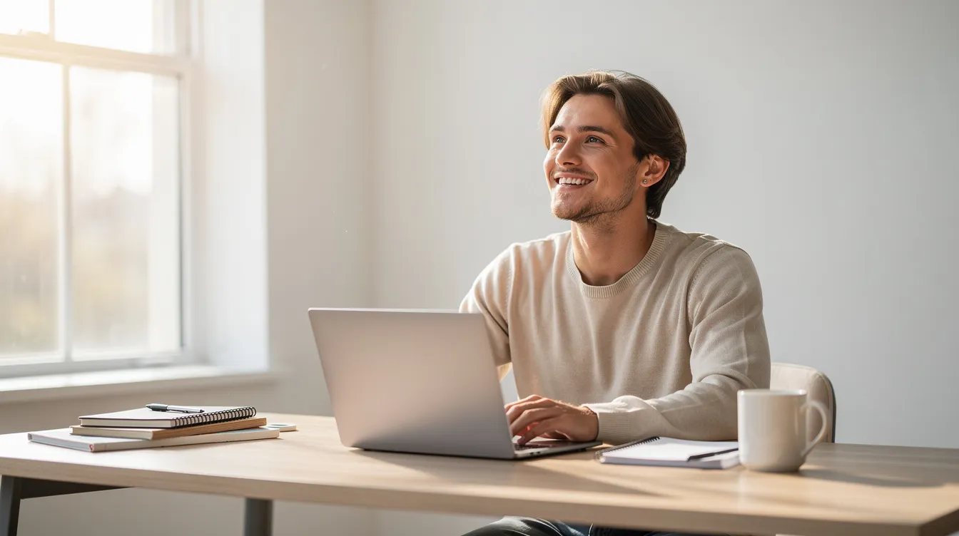 A hopeful person is seated at a laptop in a bright room, embodying a sense of emotional well-being and personal growth. This image reflects the importance of healthy relationships and the supportive environment needed to recognize and address toxic dynamics.