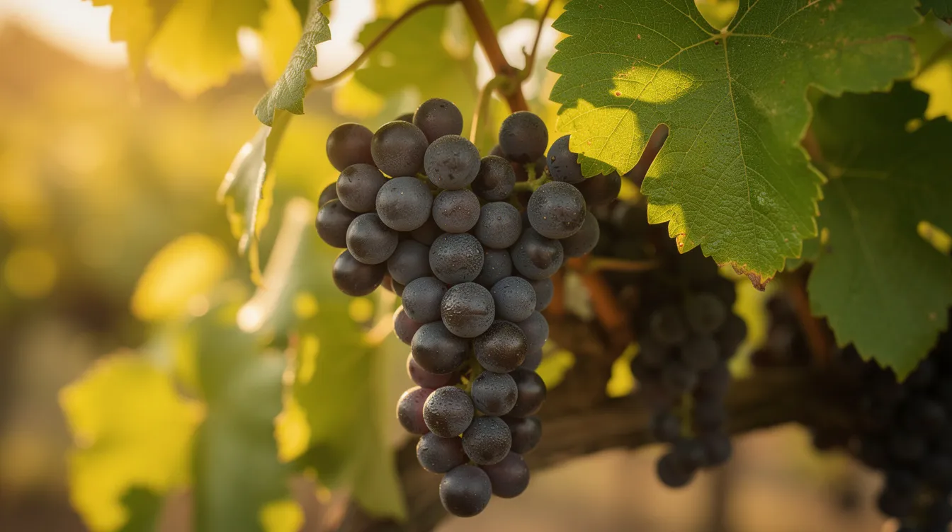 A close-up view captures dark purple grape clusters, possibly of the cabernet sauvignon or pinot noir varieties, hanging from a vine surrounded by lush green leaves, all bathed in warm sunlight. This scene reflects the rich agricultural heritage of California wine country, particularly in regions like Clarksburg, known for its certified sustainable estate vineyards.