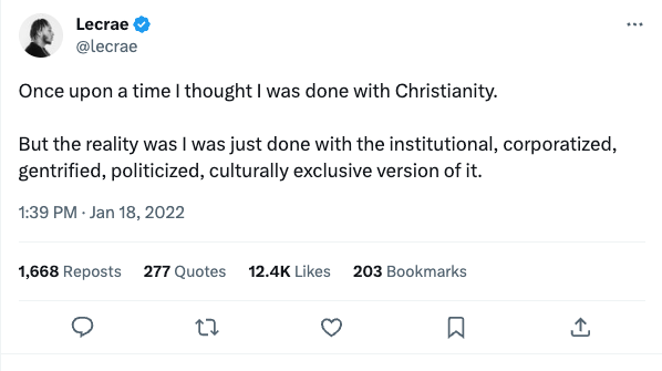 Lecrea shares his Christian beliefs believing "once upon a time I thought I was done with Christianity" tweet
