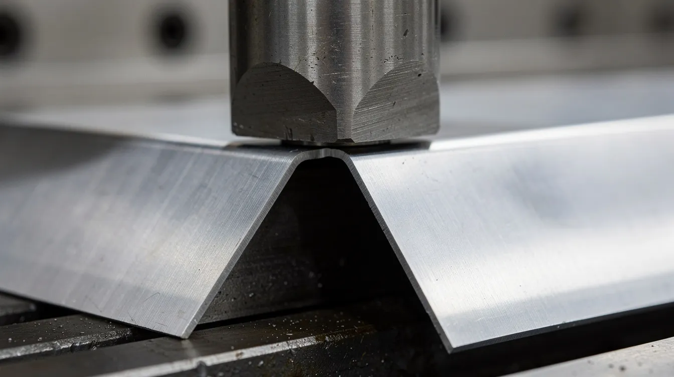 A close-up view of a V-die and punch on a press brake is shown, forming a sharp angle bend in a sheet metal part made of aluminum. The image highlights the bending process, showcasing the precise tooling geometry required to achieve tight tolerances and a desired bend angle.