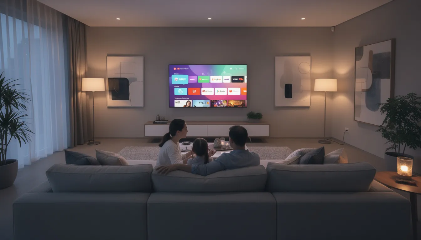 A modern living room features a family gathered comfortably on a couch, watching engaging content on a large smart TV. The scene highlights the importance of video marketing strategies in creating compelling stories that resonate with the target audience.