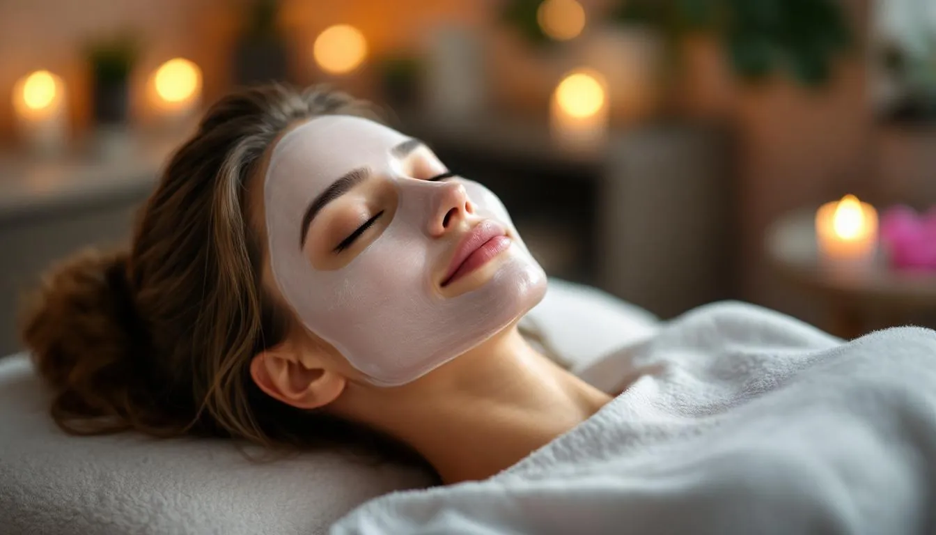 Eine entspannte Patientin trägt eine beruhigende Gesichtsmaske nach einer Microneedling-Behandlung, die darauf abzielt, das Hautbild zu verbessern und die Neubildung von Kollagen zu stimulieren. Die Maske sorgt für eine beruhigende Wirkung auf die mikroverletzte Haut, die durch das Needling-Verfahren behandelt wurde.