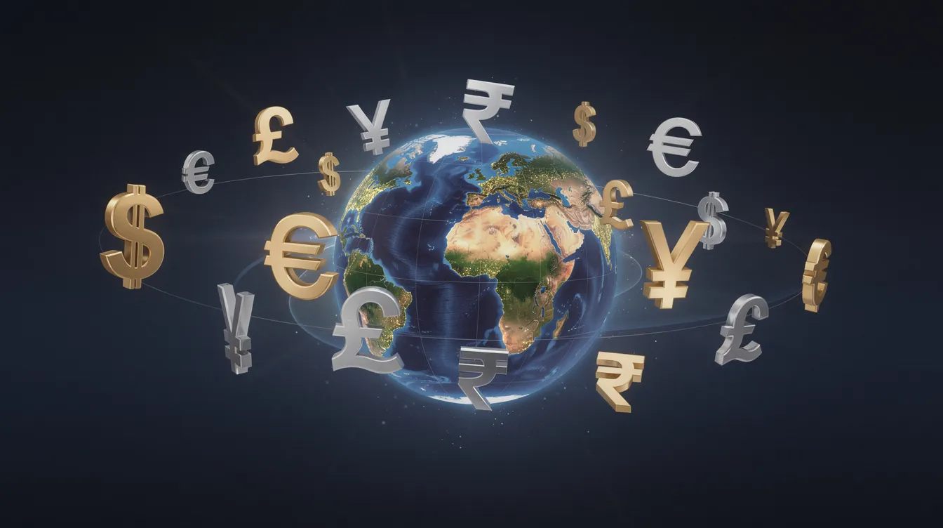 The image depicts a globe surrounded by various international currency symbols, representing the concept of global payments and international transactions. This visual highlights the interconnectedness of different currencies and payment methods used for sending and receiving money across borders.