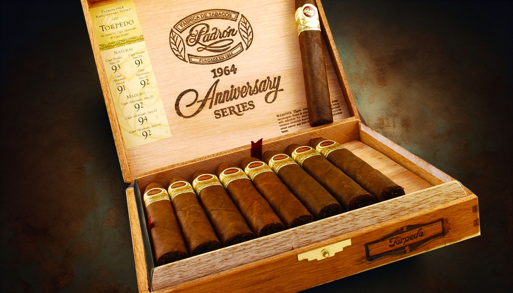 An illustration showcasing the Padrón 1964 Anniversary Series cigars in an elegant box.