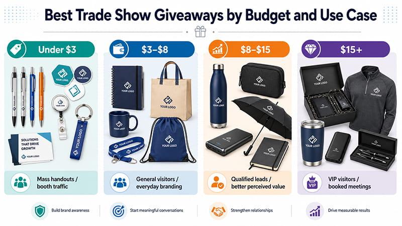 Trade show giveaway ideas by budget, from low-cost handouts to premium gifts for VIP booth visitors.