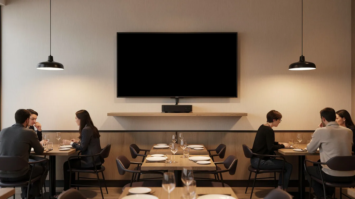 A television is mounted on the wall in a restaurant, showcasing neat cable management for an organized look. This professional DSTV installation ensures optimal signal reception and uninterrupted viewing pleasure for patrons.