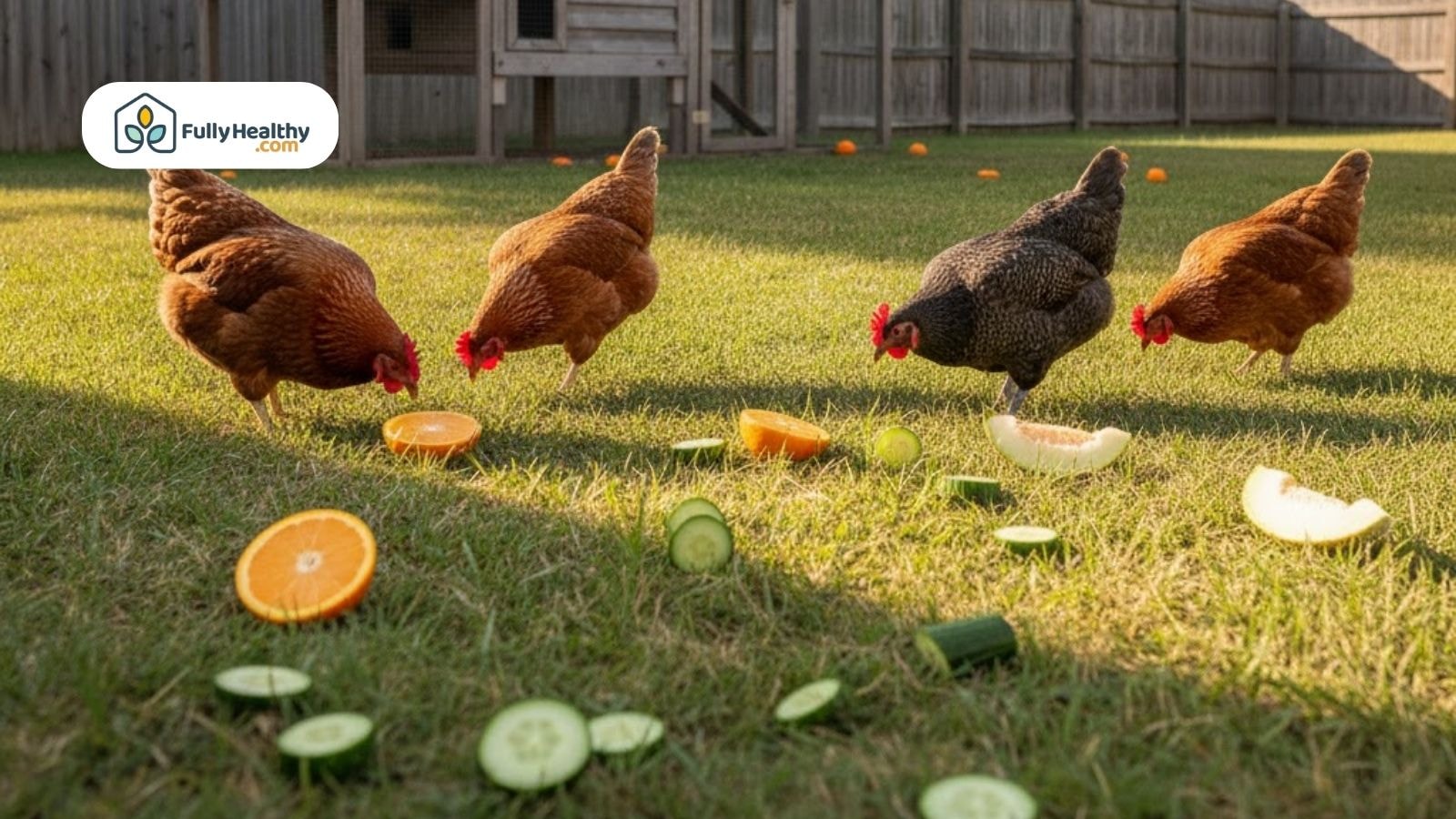 Chickens eating sliced oranges and vegetables on green grass yard