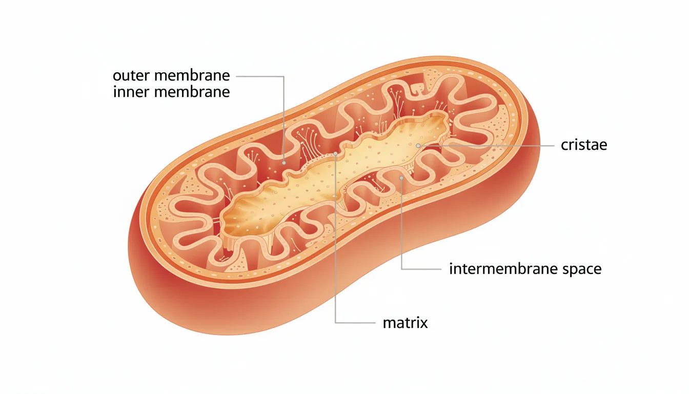 The image depicts a detailed illustration of a mitochondrion, showcasing its internal structure with cristae and membrane layers, emphasizing its critical role in energy production and cellular health. This representation highlights the importance of mitochondrial function in muscle strength, endurance, and overall metabolic health, particularly for healthy aging and cognitive performance.