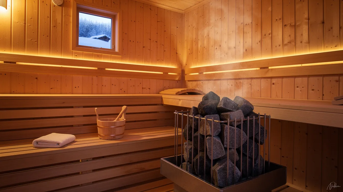 The image depicts the interior of a traditional Finnish sauna, featuring warm wooden benches and a stone heater, which is central to the sauna experience. The atmosphere is inviting, with the soft heat rising from the stones, embodying the essence of Finnish sauna culture.