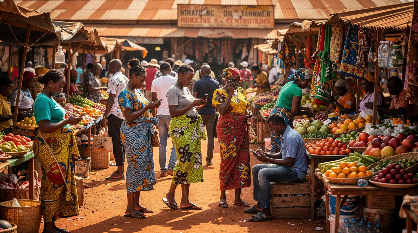 The image depicts a bustling Kenyan marketplace filled with people engaged in various activities, many of whom are using mobile phones for transactions. This vibrant scene highlights the use of mobile money services like M-Pesa, demonstrating how individuals can efficiently send money and manage transactions directly from their devices.