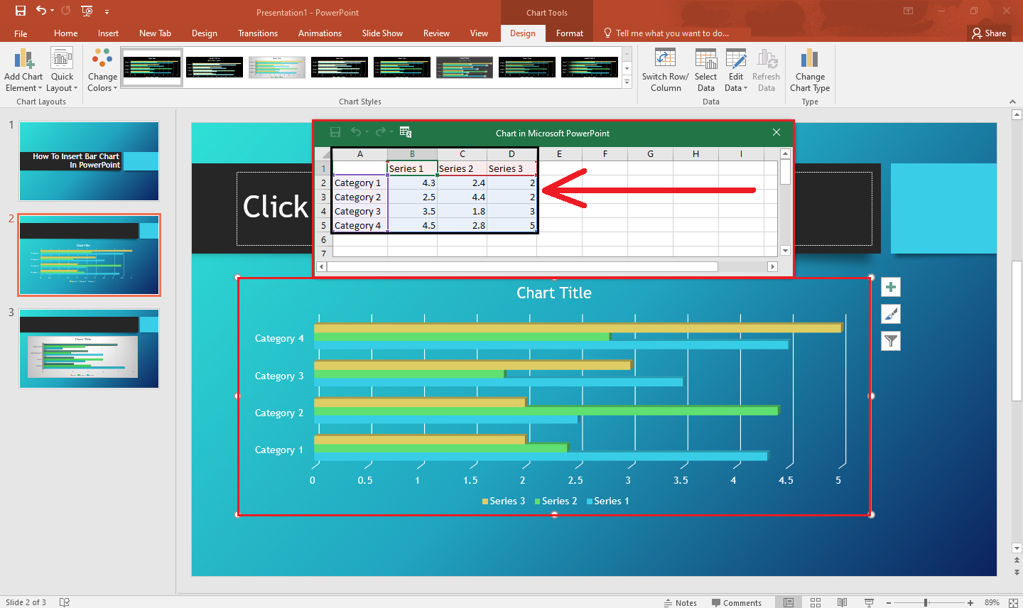 the bar chart will appear once you select a bar chart template on your PowerPoint presentation.