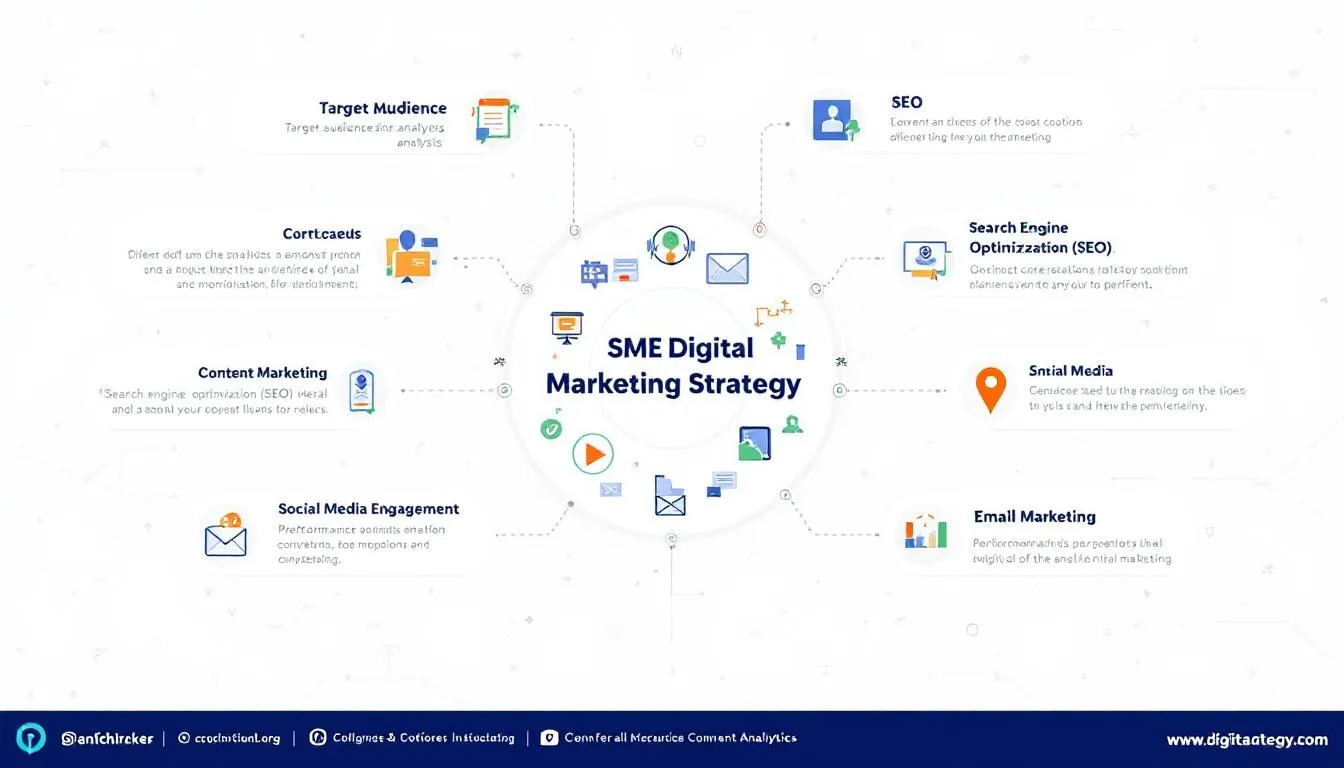 An infographic illustrating the key aspects of building an effective SME digital marketing strategy, featuring elements such as social media platforms, search engines, and digital channels aimed at engaging existing customers and generating leads. The design highlights various digital marketing tactics and strategies to drive business growth and enhance the digital footprint of small and medium-sized enterprises.